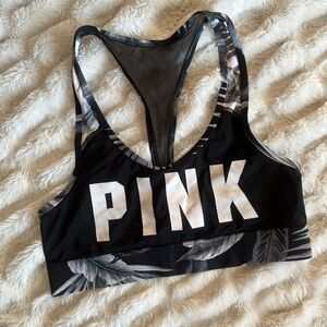 PINK Victoria's Secret Black and Gray Leaf Print Sports Bra